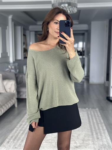 Haki Oval Yaka Uzun Kol Kadın Triko Kazak