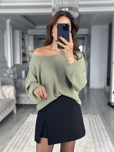 Haki Oval Yaka Uzun Kol Kadın Triko Kazak