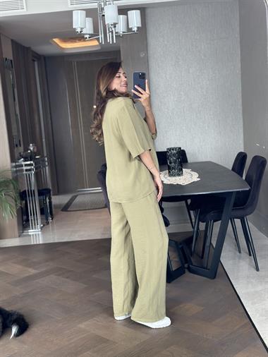 Haki Oversize Kısa Kol Gömlek Yaka Tnsel İkili Kadın İkili Takım