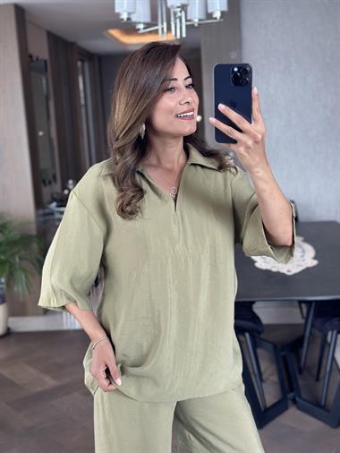 Haki Oversize Kısa Kol Gömlek Yaka Tnsel İkili Kadın İkili Takım