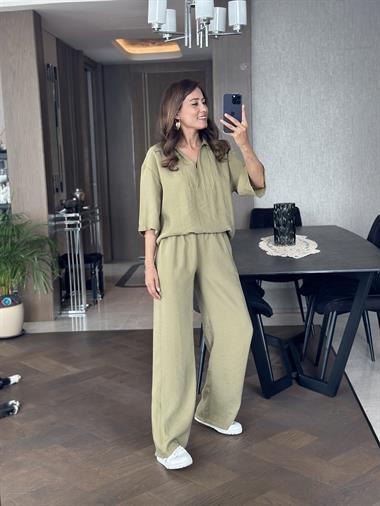 Haki Oversize Kısa Kol Gömlek Yaka Tnsel İkili Kadın İkili Takım