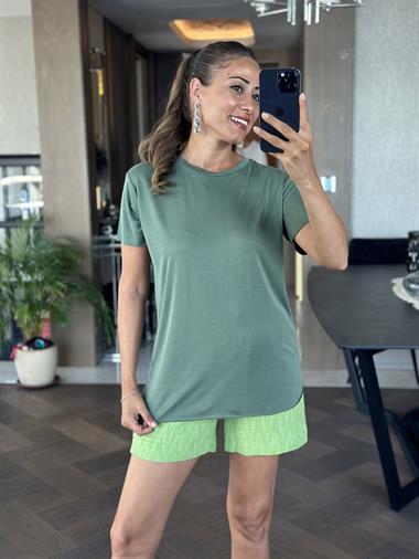 Haki Bisiklet Yaka Modal Kadın T-Shirt