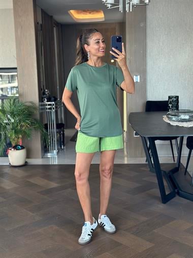 Haki Bisiklet Yaka Modal Kadın T-Shirt