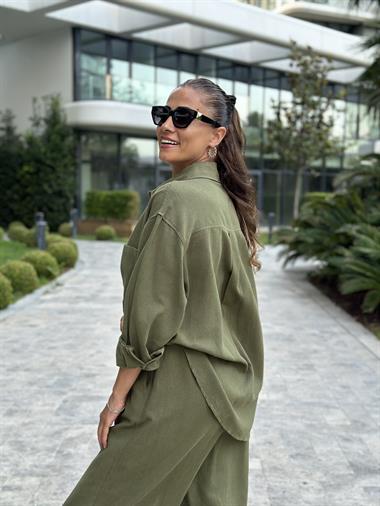 Haki Gömlek Palazzo Pantolon Keten Kadın Alt Üst Takım