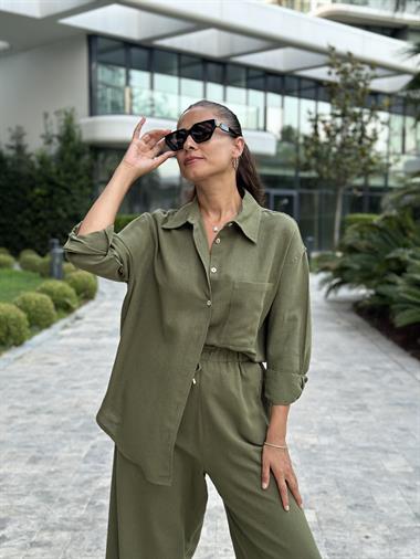Haki Gömlek Palazzo Pantolon Keten Kadın Alt Üst Takım