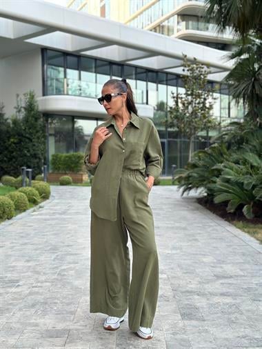 Haki Gömlek Palazzo Pantolon Keten Kadın Alt Üst Takım