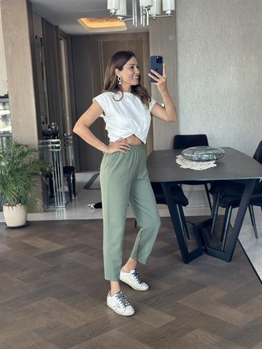 Haki Paçası Dikiş Detay Beli Lastikli Cepli Keten Kadın Pantolon