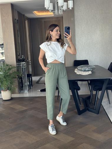 Haki Paçası Dikiş Detay Beli Lastikli Cepli Keten Kadın Pantolon