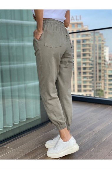 Haki  Paçası Ve Beli Lastikli Gabardin Pantolon 
