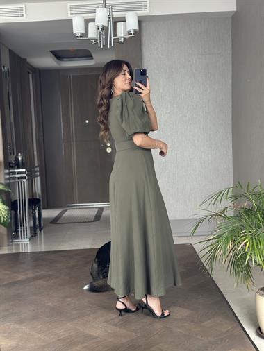 Haki Prenses Kol Vatkalı Kemerli Müslin Kumaş Kadın Maksi Boy Elbise