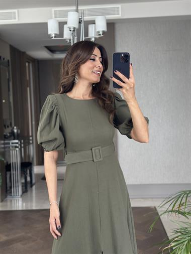 Haki Prenses Kol Vatkalı Kemerli Müslin Kumaş Kadın Maksi Boy Elbise