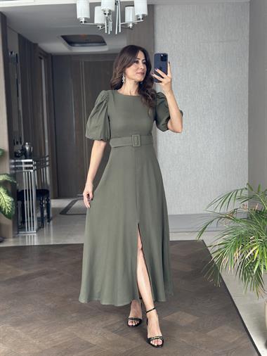 Haki Prenses Kol Vatkalı Kemerli Müslin Kumaş Kadın Maksi Boy Elbise