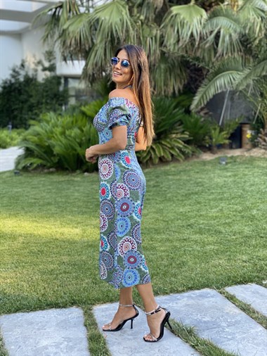 Haki Şal Desen Yırtmaçlı Viskon Kadın Elbise