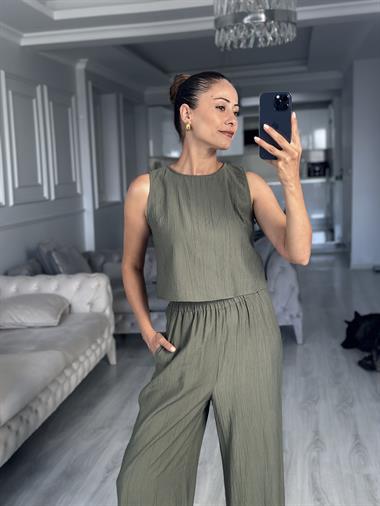 Haki Sıfır Kol Arkası Bağcıklı Bluz Pantolon Kadın İkili Takım