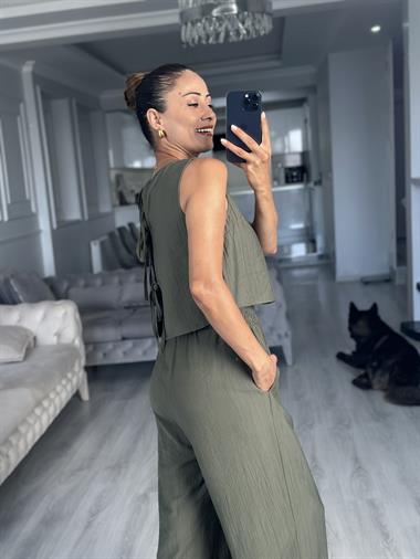 Haki Sıfır Kol Arkası Bağcıklı Bluz Pantolon Kadın İkili Takım