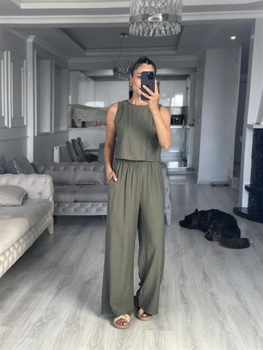 Haki Sıfır Kol Arkası Bağcıklı Bluz Pantolon Kadın İkili Takım
