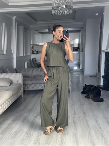 Haki Sıfır Kol Arkası Bağcıklı Bluz Pantolon Kadın İkili Takım