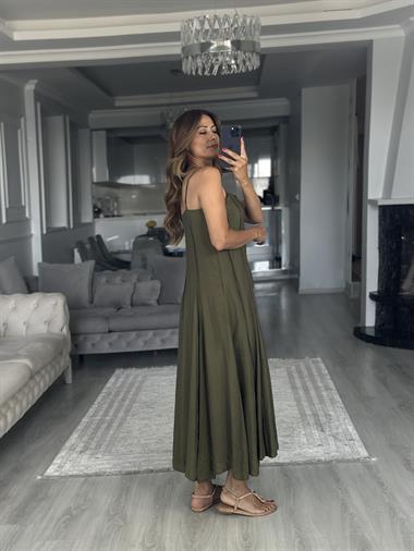 Haki Straplez Yaka İnce Askılı Midi Boy Kadın Elbise