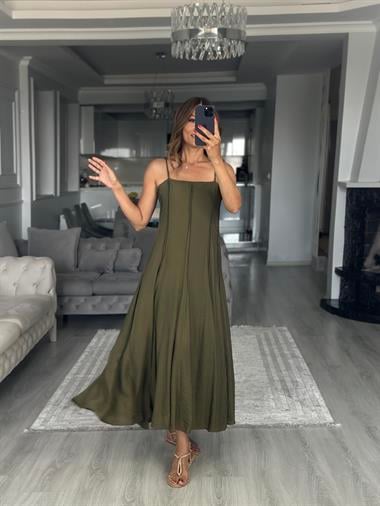 Haki Straplez Yaka İnce Askılı Midi Boy Kadın Elbise