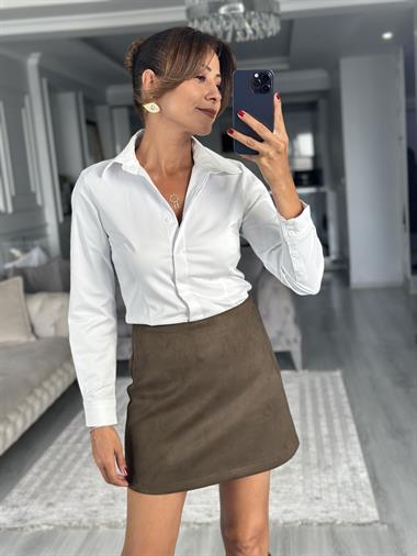 Haki Süet Arkası Fermuarlı Kadın Mini Etek