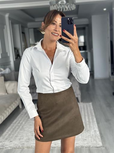 Haki Süet Arkası Fermuarlı Kadın Mini Etek