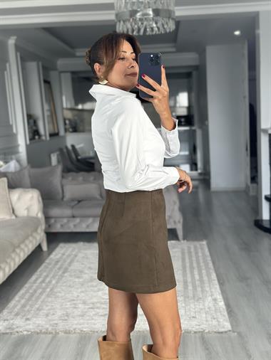 Haki Süet Arkası Fermuarlı Kadın Mini Etek