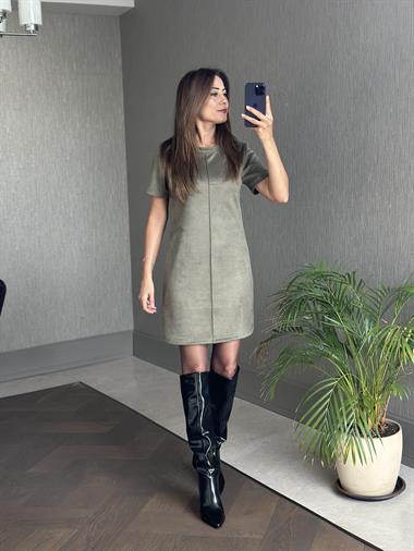 Haki Süet Bisiklet Yaka Kısa Kol Kadın Mini Elbise 
