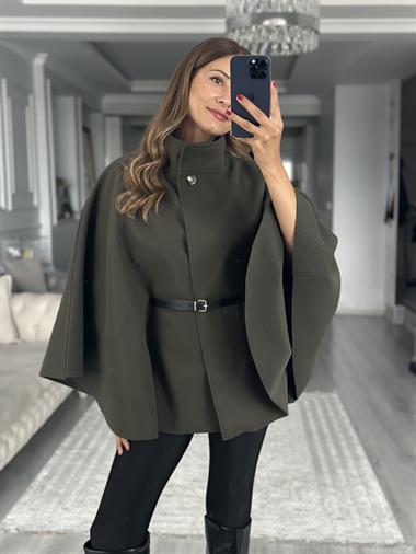 Haki Tek Düğmeli Dik Yaka Kemerli Kadın Kaşe Panço