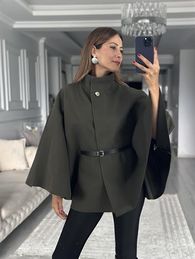 Haki Tek Düğmeli Dik Yaka Kemerli Kadın Kaşe Panço
