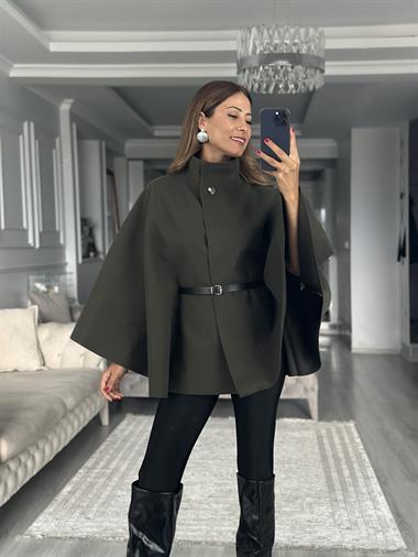 Haki Tek Düğmeli Dik Yaka Kemerli Kadın Kaşe Panço