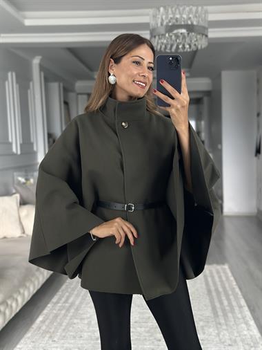Haki Tek Düğmeli Dik Yaka Kemerli Kadın Kaşe Panço