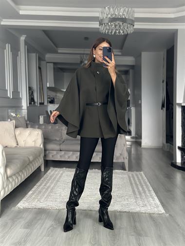 Haki Tek Düğmeli Dik Yaka Kemerli Kadın Kaşe Panço