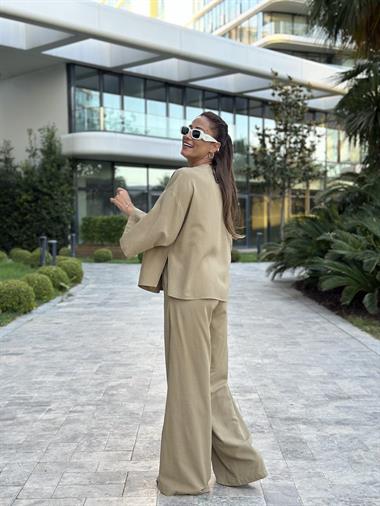 Haki Tek Düğmeli Kimono Pantolon Keten Kadın Alt Üst Takım