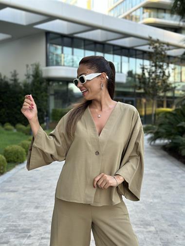 Haki Tek Düğmeli Kimono Pantolon Keten Kadın Alt Üst Takım