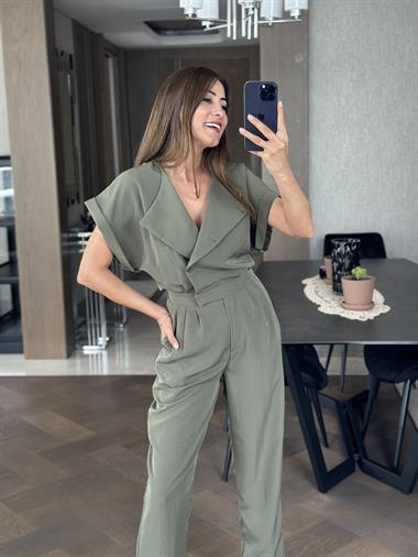 Haki Havuç Model Önü Düğmeli Kadın Tulum