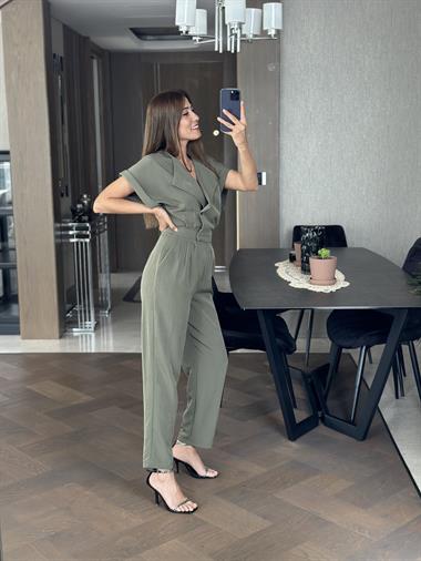 Haki Havuç Model Önü Düğmeli Kadın Tulum