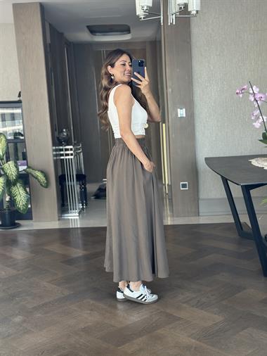 Haki Tnsl Kumaş Beli Lastikli Cepli Kadın Midi Boy Etek