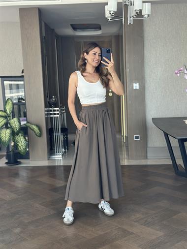Haki Tnsl Kumaş Beli Lastikli Cepli Kadın Midi Boy Etek
