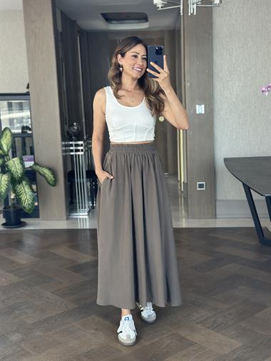 Haki Tnsl Kumaş Beli Lastikli Cepli Kadın Midi Boy Etek