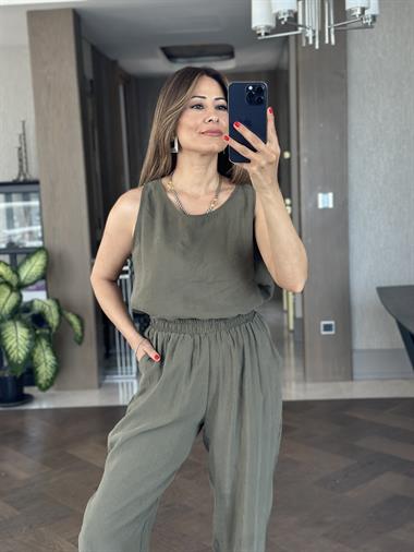 Haki Bisiklet Yaka Sıfır Kol Bluz Pantolon Tnsl Alt Üst Takım