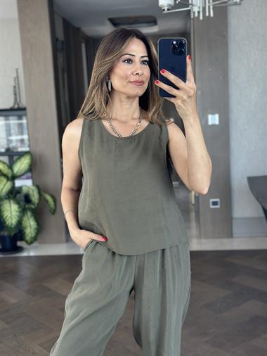 Haki Bisiklet Yaka Sıfır Kol Bluz Pantolon Tnsl Alt Üst Takım