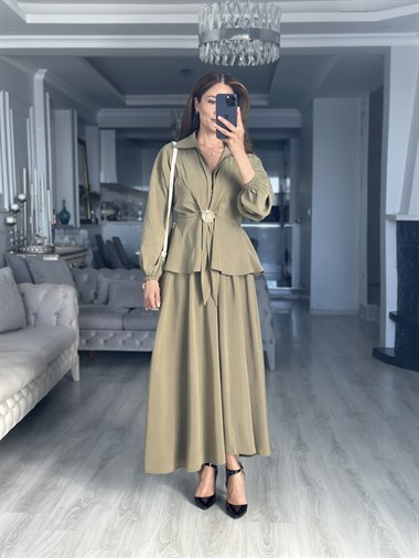 Haki Tokalı Bluz Etek Kadın İkili Takım