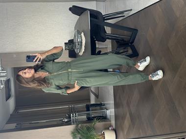 Haki Uzun Kol Fermuarlı Paçası Lastikli Gabardin Kadın Tulum