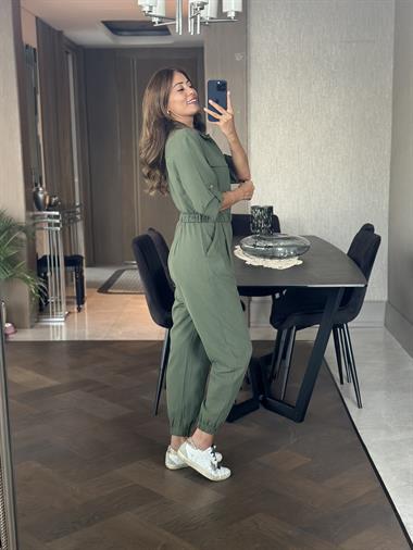 Haki Uzun Kol Fermuarlı Paçası Lastikli Gabardin Kadın Tulum