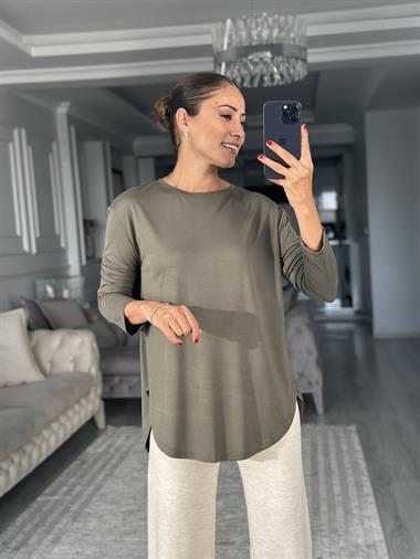 Haki Uzun Kollu Eteği Oval Kadın Bluz