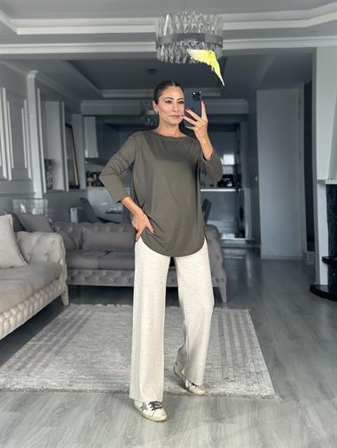 Haki Uzun Kollu Eteği Oval Kadın Bluz