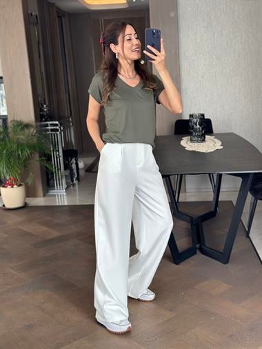 Haki V Yaka Kısa Yarasa Kol Basic Kadın T-Shirt