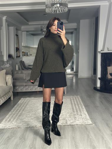 Haki Yarasa Kol Yumuşak Dokulu Kadın Triko Kazak