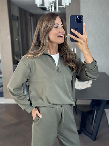 Haki Yarım Fermuarlı Modal Kadın Eşofman Takımı