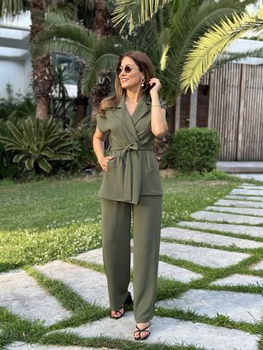 Haki Yeleği Kuşaklı Ve Cepli Pantolon Aerobin Kadın İkili Takım